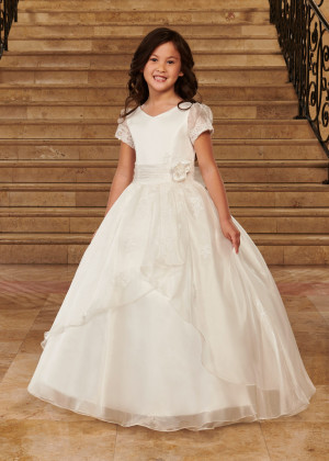Short Sleeves Ivory Lace Organza Long Flower Girl Dress